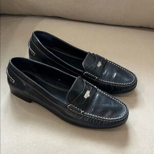 Bally Women's blue penny  Leather Loafers with White Stitching